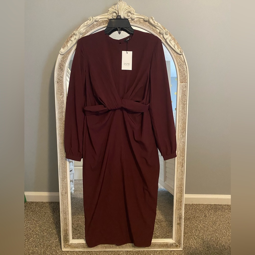 Tie front long sleeve midi dress in wine - Picture 4 of 5